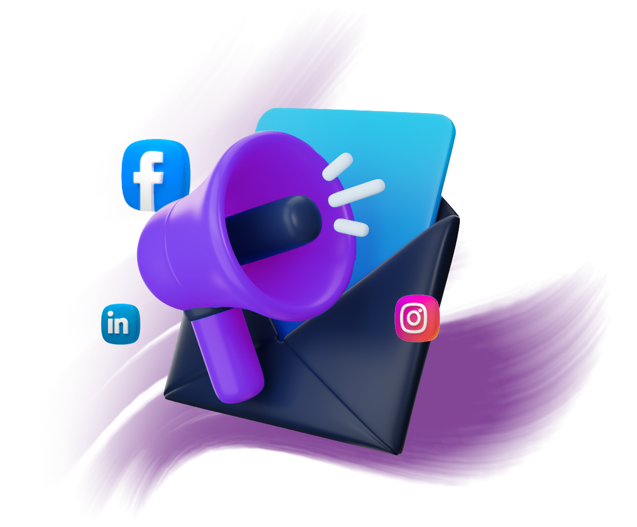 Innovative social media marketing strategies by Digital Rise Lab, represented by a megaphone icon with social media platform logos like Facebook, Instagram, and LinkedIn