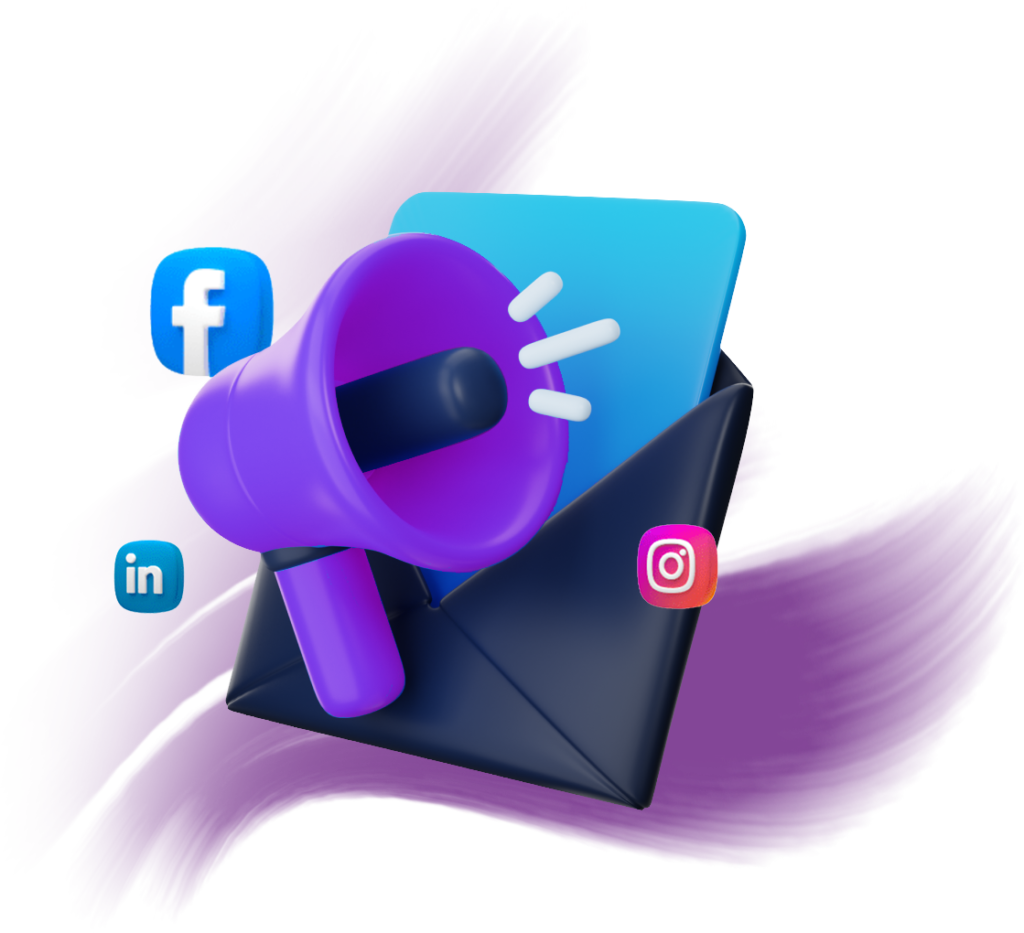 Innovative social media marketing strategies by Digital Rise Lab, represented by a megaphone icon with social media platform logos like Facebook, Instagram, and LinkedIn