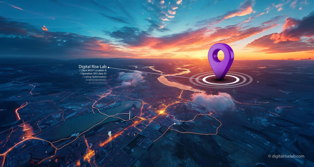 Digital Rise Lab’s maps listing optimization service, illustrated by a purple location pin over a city landscape at sunset, enhancing local SEO visibility