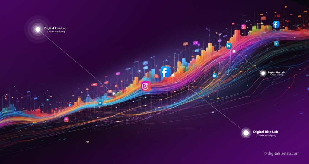 Social media marketing by Digital Rise Lab, visualized through a vibrant data wave connecting social platforms like Facebook, Instagram, and LinkedIn