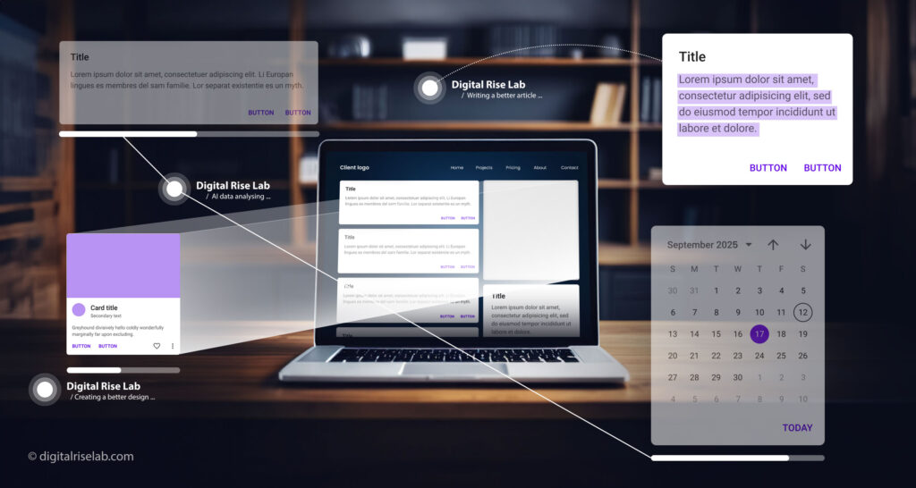 Creative marketing content creation at Digital Rise Lab, represented by a laptop showcasing web interface designs in a modern workspace environment