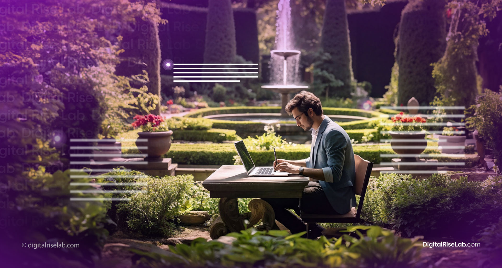 Man working on a laptop in a peaceful garden setting, representing the shift from robotic AI-generated articles to more relatable and engaging content