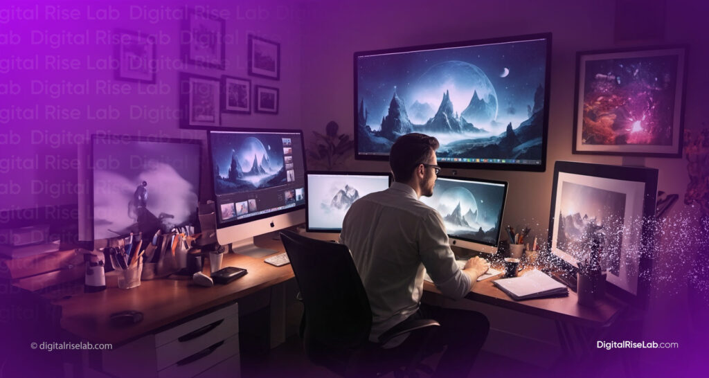 Professional working at a highly equipped workstation with multiple monitors displaying vivid, digital landscapes. The workspace is lit with ambient purple lighting and is well-organized with creative tools and framed pictures on the wall. This setup showcases a technology-driven creative environment.