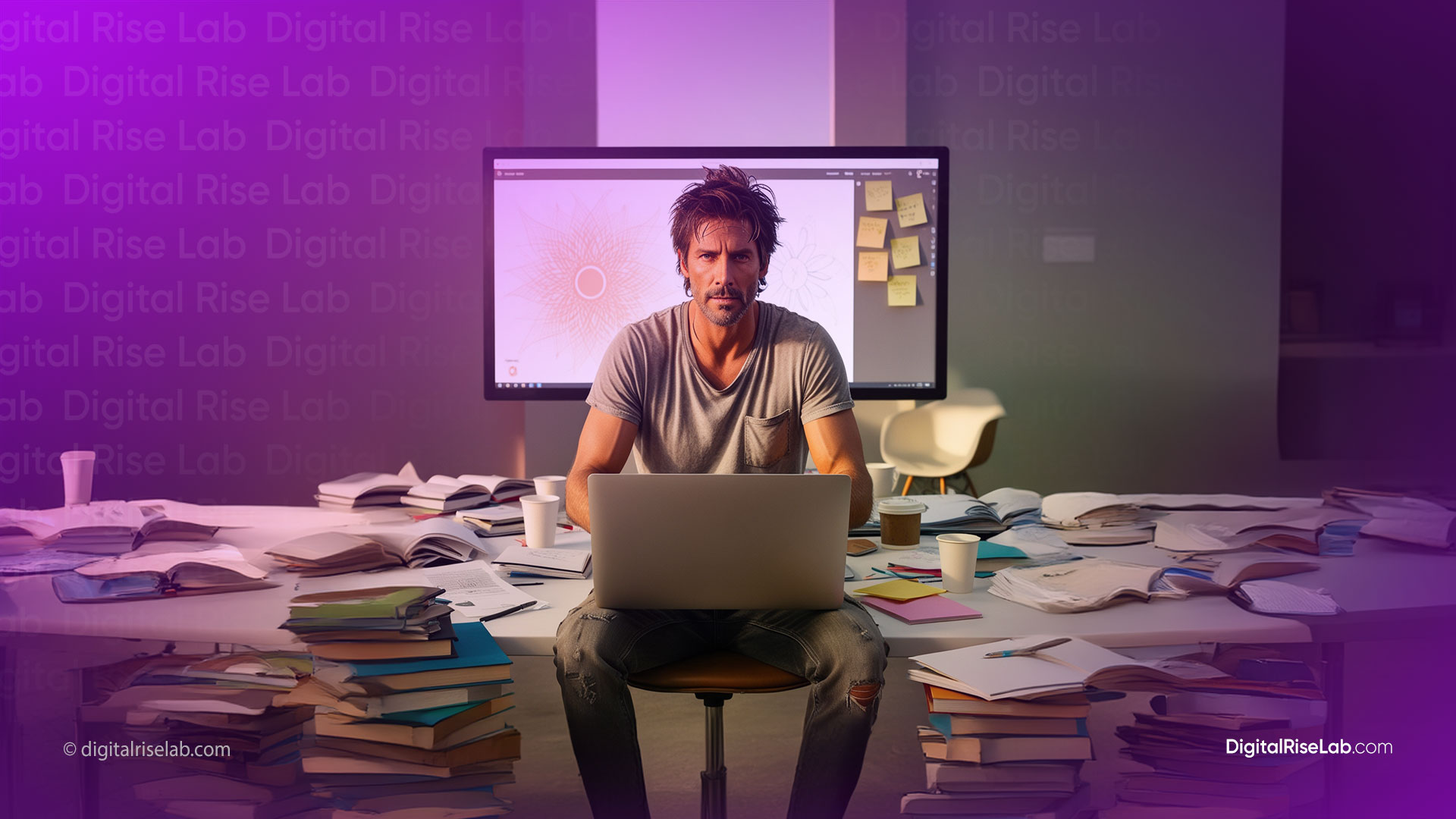 Creative SEO image - Focused male professional working at a cluttered desk with multiple books and notes, using a laptop with graphics design on screen, in a creatively busy office environment, with the Digital Rise Lab logo displayed prominently