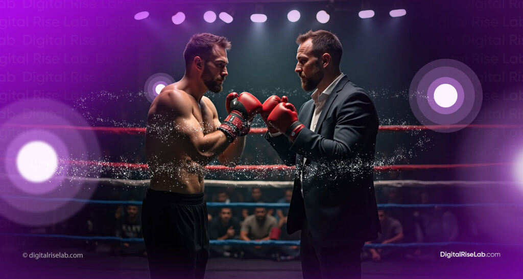 Dramatic image depicting a confrontation between a businessman and a boxer in a boxing ring, symbolizing the clash between marketing content and content marketing in the mind of a marketer. The image features the 'DigitalRiseLab.com' logo, emphasizing the theme of competition between business strategies under spotlight illumination